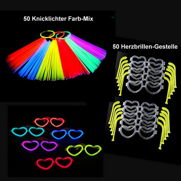 50 Herzbrillen-Gestelle + 100 Knicklichter Mix