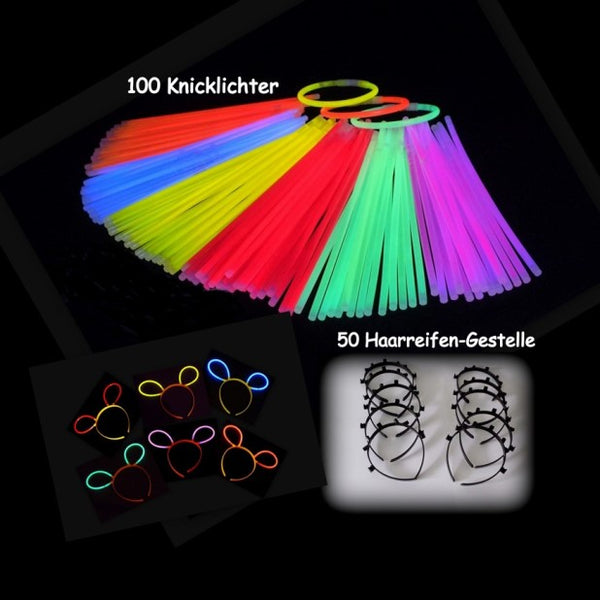 50 Haarreifen-Gestelle + 100 Knicklichter Mix
