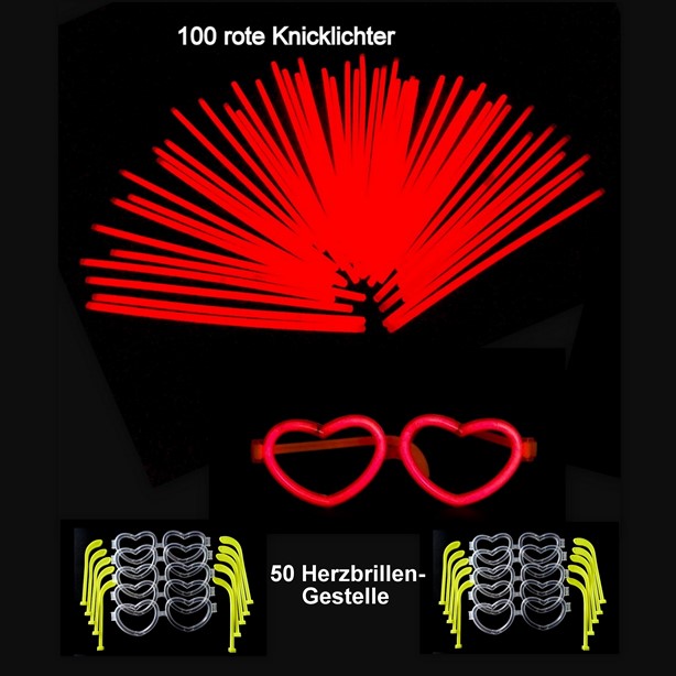 50 Herzbrillen-Gestelle + 100 Knicklichter in ROT