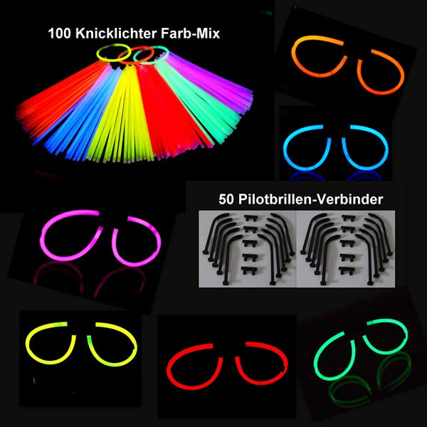 50 Pilot-Brillen-Gestelle + 100 Knicklichter Mix