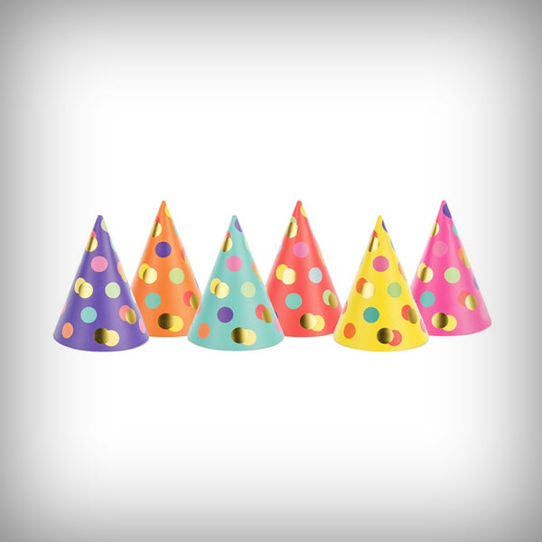 6 Party-Hütchen mit goldenen + bunten Punkten