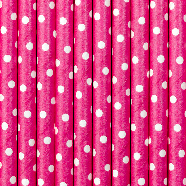 10 Papier-Trinkhalme PINK mit weißen Punkten