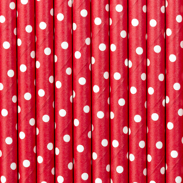 10 Papier-Trinkhalme ROT mit weißen Punkten