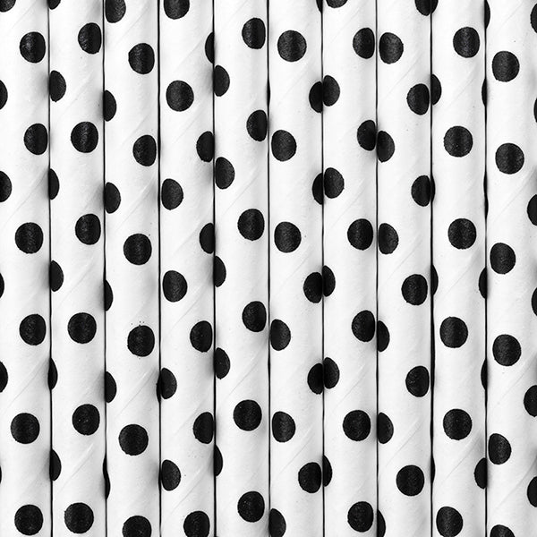 10 Papier-Trinkhalme WEISS mit schwarzen Punkten