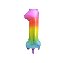 Laden Sie das Bild in den Galerie-Viewer, 1 Folienballon Zahl 0-9 REGENBOGENFARBEN 86 cm (Farbauswahl)
