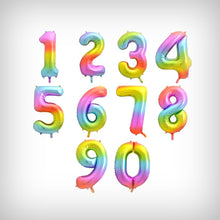 Laden Sie das Bild in den Galerie-Viewer, 1 Folienballon Zahl 0-9 REGENBOGENFARBEN 86 cm (Farbauswahl)
